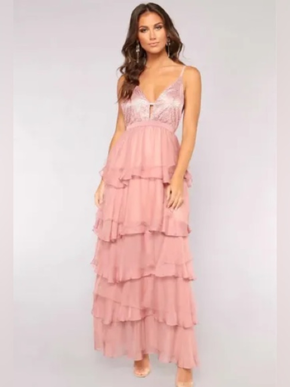 NWT L'Atiste by Amy Mauve Lace Bodice Tiered Tulle Maxi Dress size S